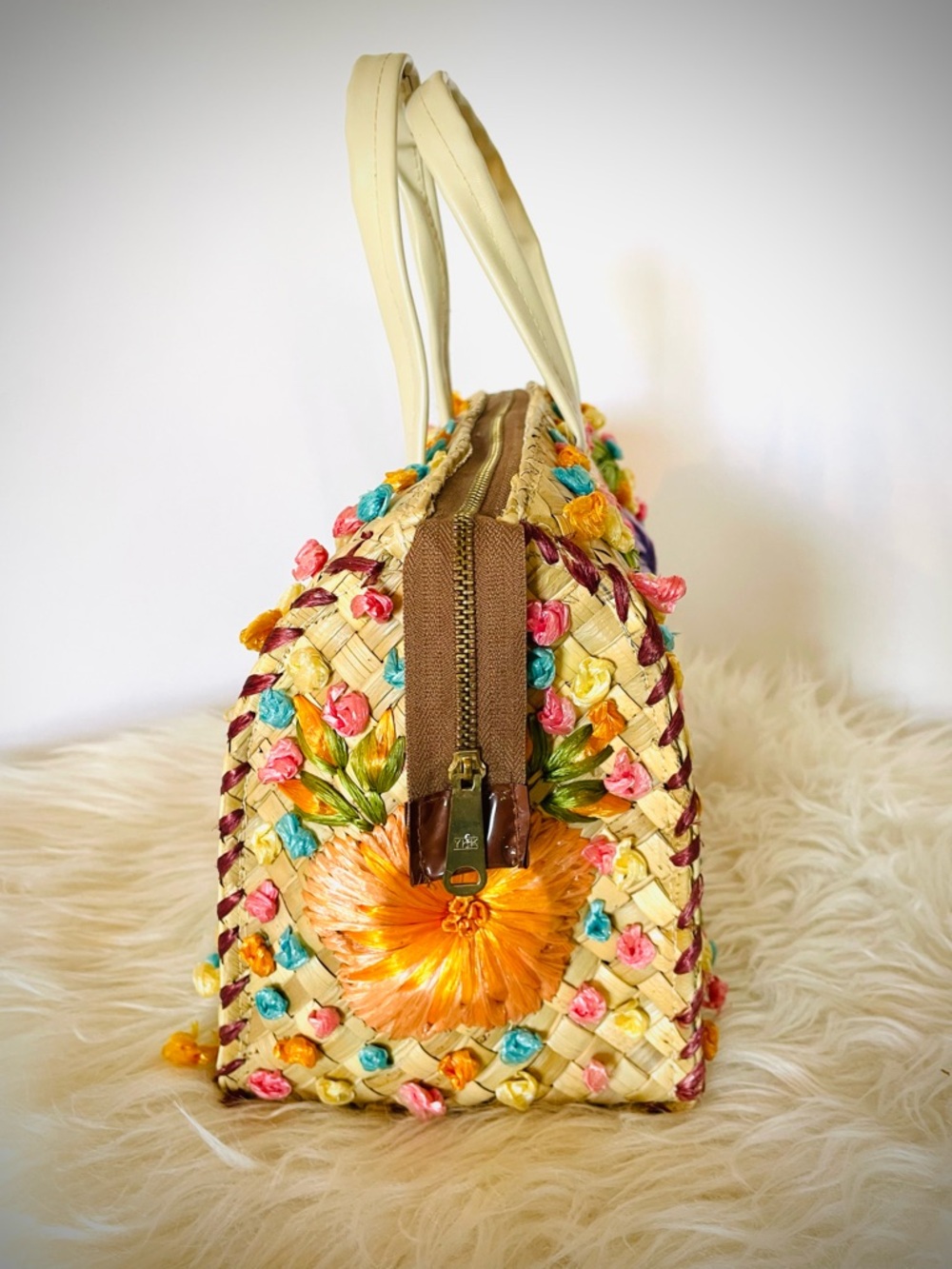 VTG Handbag Straw Raffia Floral Woven Bag Mid Century Philippines Colorful Purse - Picture 6 of 13